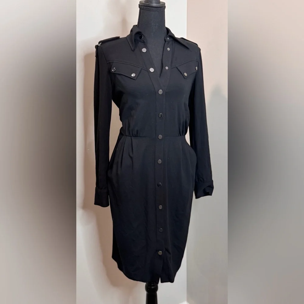 Cache Black Snap Front Shirt Dress‎ Military Style Epaulets Size 4